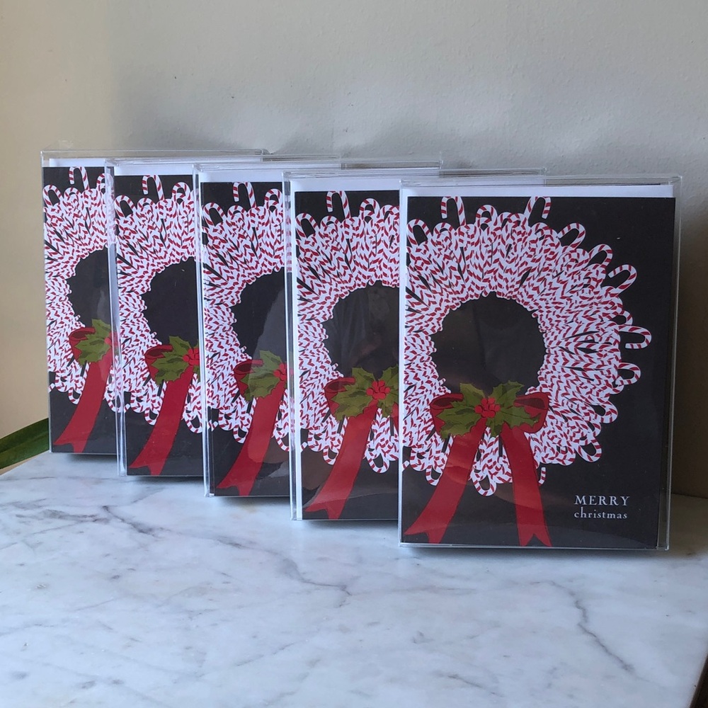 Holiday Wreath Christmas Cards - Red & White (Set of 5)